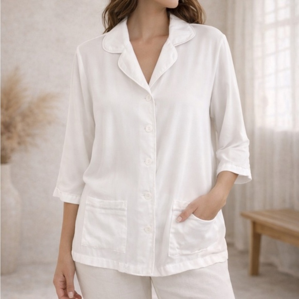 Sleeper Ostrich Feather White Button Down Sleepwear Luxury Loungewear Pajama Top